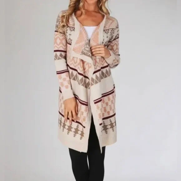 LLove Long Cardigan Sweater Womens Size Medium Large Beige Peach Open Front Knit - Picture 2 of 12